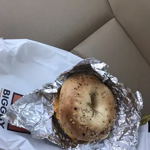 Bragel sausage, egg, cheese on Everything bagel