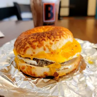 Sausage Egg &amp; Cheese On Asiago Bagel
