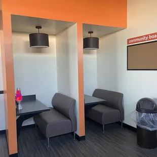 Study or work pods with a fun lava lamp, dimming lights and outlet with USB and USB-C.