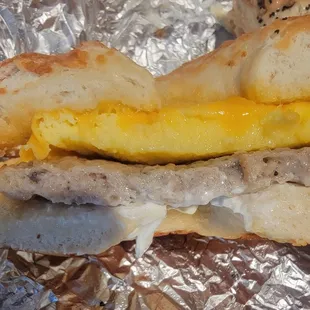 Egg and Sausage in an Asiago Bragel, our fave split in half