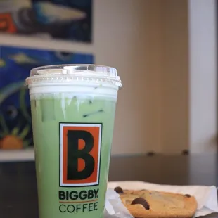 Matcha Latte and Chocolate Chip Cookie