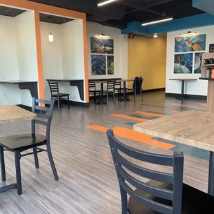 tables and chairs in a coffee shop