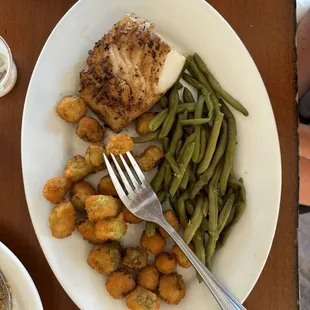Seabass, fried okra, green beans