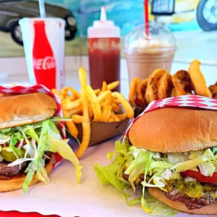 two burgers and fries