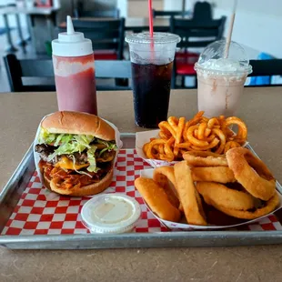 BBQ Bacon Burger, Curly Fries, Onion Rings, &amp; Chocolate Milkshake