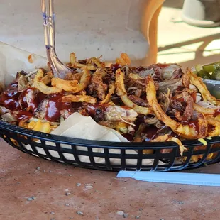 Hog wild fries!!!  Think nacho fries with a drizzle of BBQ sauce!!! So good