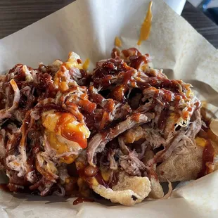 Chicharrones nachos with pulled pork