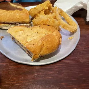 Philly steak and cheese with onion rings