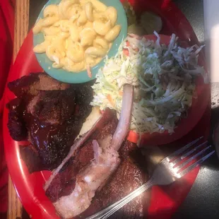 Ribs burnt ends Mac and cheese and slaw