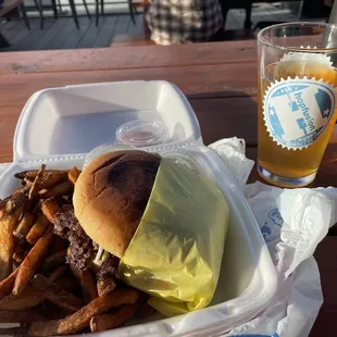 Pho burger and fries   Hopfusion sour beer