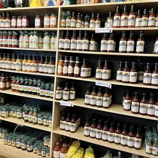 shelves of various sauces and condiments