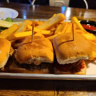 Three sliders and a ton of fries. I chose pulled pork, hamburger, and meatball.