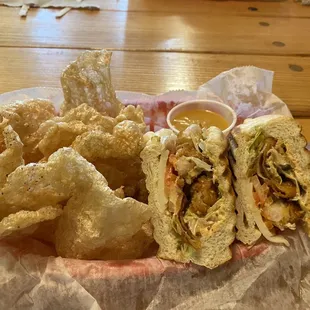 Cajun shrimp sandwich with pork skin