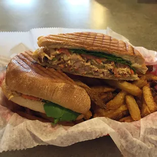 Chicken salad sandwich with Cajun fries and BBQ Mayonnaise Sauce.  Love a warm chicken salad and the ciabatta bread was amazing!