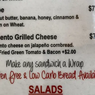 a menu for a sandwich and salad