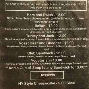 Menu - sandwiches and desserts