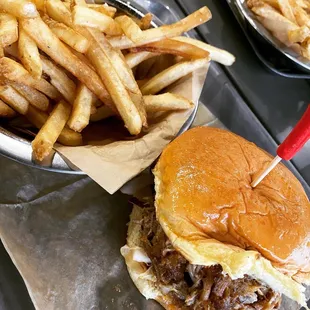 Carolina pull pork sandwich with truffle oil fries