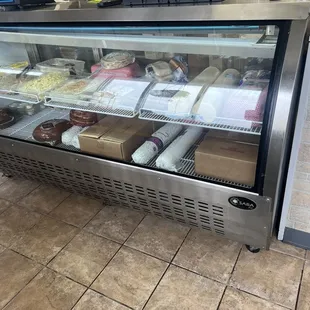 a display case of food