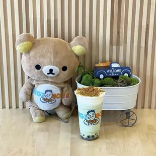 Matcha Cream Frappe with a frost top, Biscoff, matcha powder, &amp; honey boba