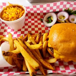 Single Cheeseburger with Fries and cup of chili