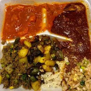 a meal in a styrofoam container