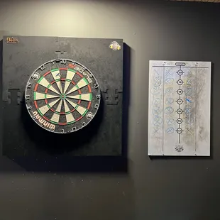 a dart board and darts on a wall