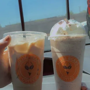 nude iced latte and blended peanut butter cup frappe. Both in double d size