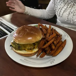 Burger and sweet potato fries