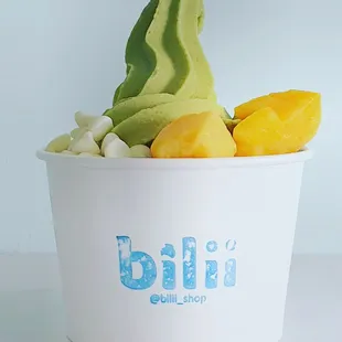 Matcha, one of the vegan options, fresh mango and white choco chips