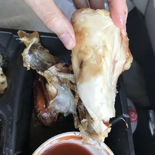 a person holding a piece of chicken