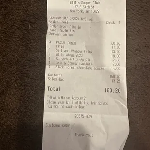 a receipt for a meal