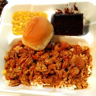 Crawfish effouffee with corn, bread and chocolate cake