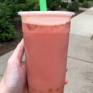 The "Gold Coast" with almond milk. It's strawberry black tea with passion fruit flavored boba. It's AMAZING!