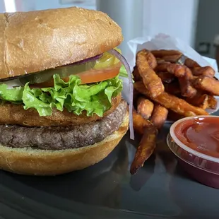 B8. Bleu Cheese Burger with sweet potato fries