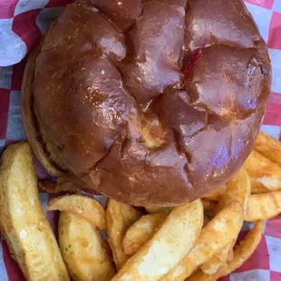 some sore of burger...and wedge fries.