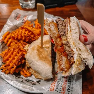 Brunch burger with sweet potato waffle fries