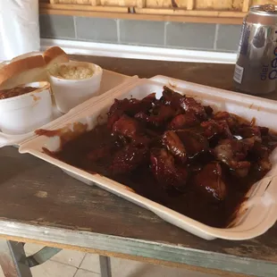 Rib Tip basket with coleslaw, baked beans and a slice of white bread