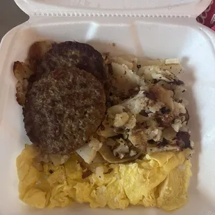 Egg Bkft Special-scrambled eggs, home fries, sausage comes with drink for under $10!!