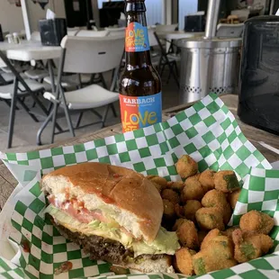 Steak burger, fried okra, cold beer