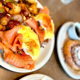 Smoked Salmon Benedict and country potatoes