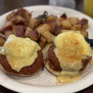 Crab Benedict and mixed roasted potatoes