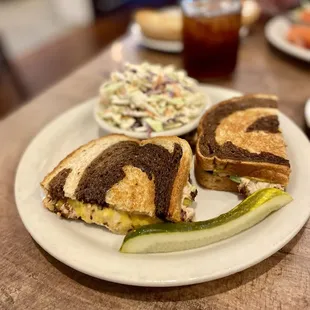 Tuna melt sandwich with a side of cole slaw