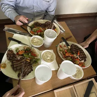 3 Juicy ribeye steaks and sides