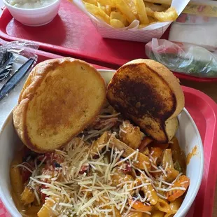 Chicken Pasta Primavera and California Burger with a side of mashed potatoes