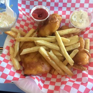 Fish and chips with coleslaw