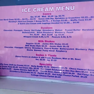 the menu for the ice cream menu