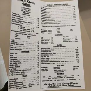 the menu for bill&apos;s grill