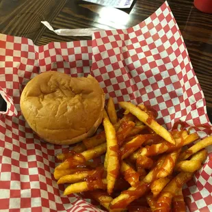 a hamburger and french fries