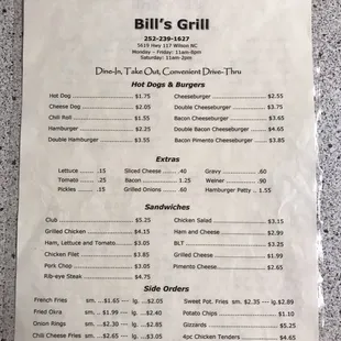 Bills Grill Menu