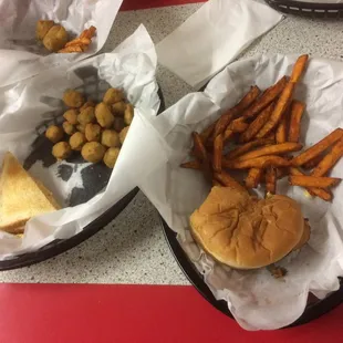 Pimento cheese sandwich and fried okra. Bacon pimento cheese and sweet potato fries.